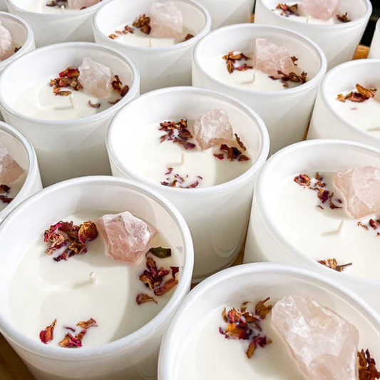 Opal + Sage Rose Quartz Crystal Candle | Sweet Pea Vanilla