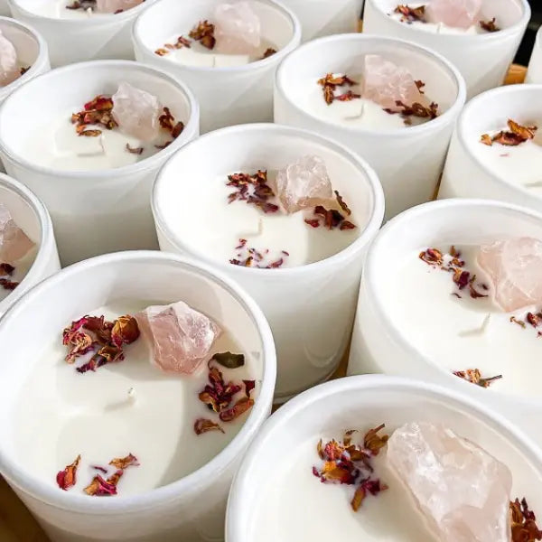 Rose quartz crystal candle sweet pea vanilla | Premium gift NZ
Crystal candle gift | Thoughtful wellness gift for her