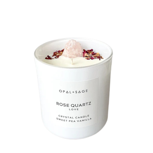 Opal + Sage Rose Quartz Crystal Candle | Sweet Pea Vanilla