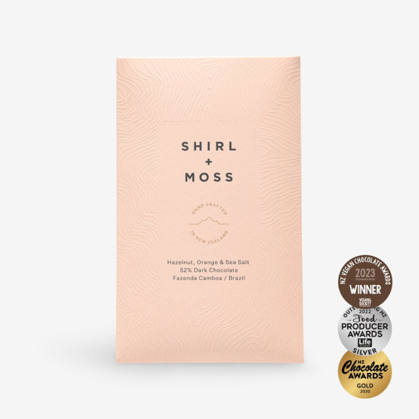 Shirl & Moss Hazelnut, Orange & Sea Salt 52% Dark Chocolate Bar 80g