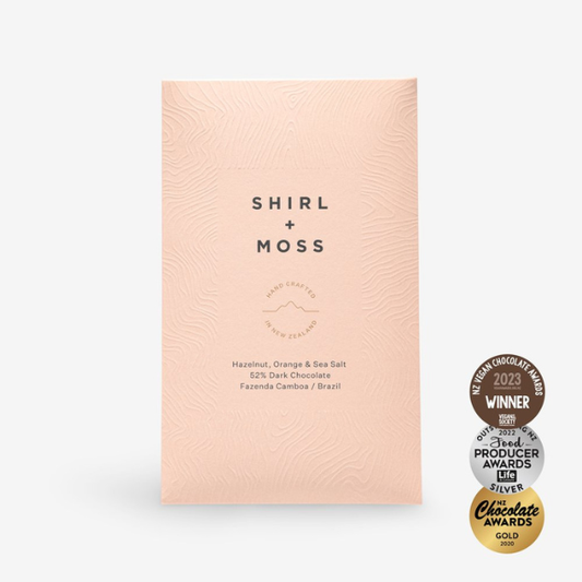 Shirl & Moss Hazelnut, Orange & Sea Salt 52% Dark Chocolate Bar 80g