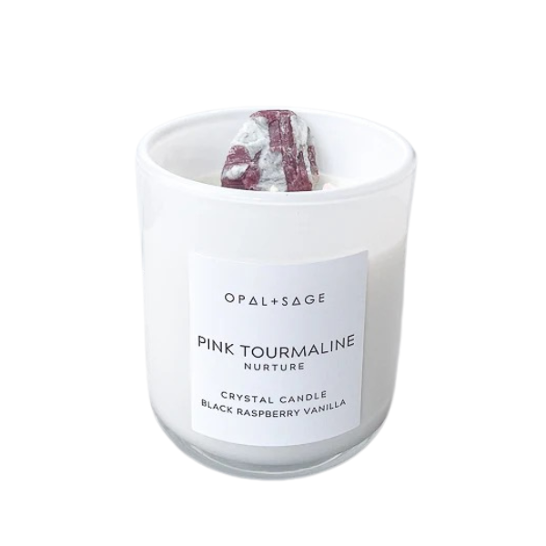Opal + Sage Pink Tourmaline Crystal Candle | Black Raspberry Vanilla
