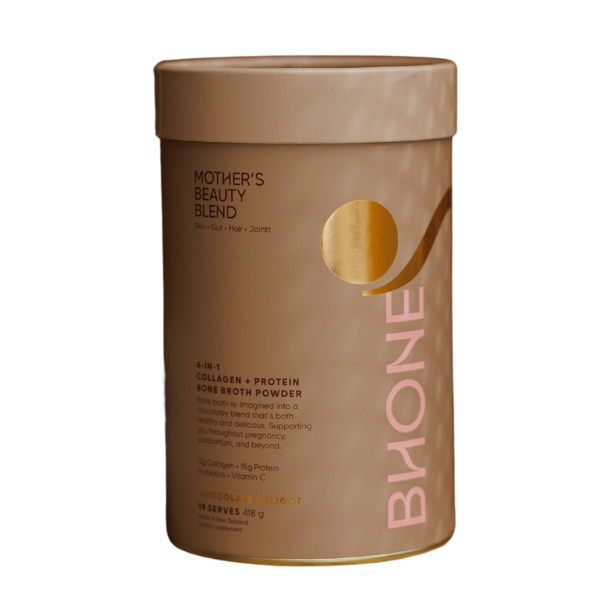 Brown container of 'Mother's Beauty Blend' powder with 'Buone' branding on a white background