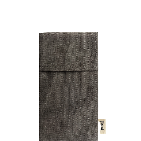 Gray fabric pouch with a brand label on a white background