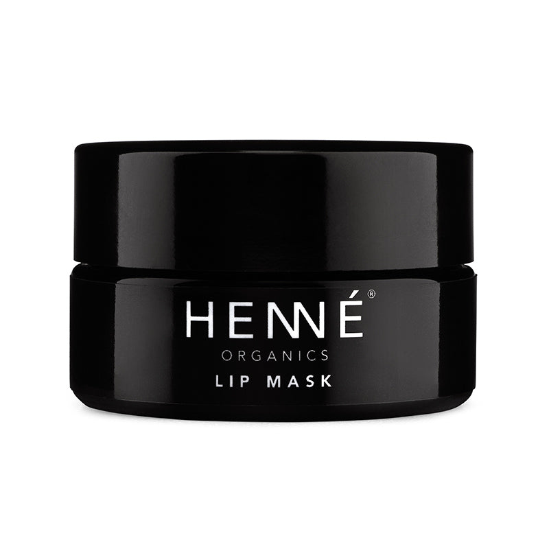 Black lip mask jar with 'Henne Organics' branding on a white background