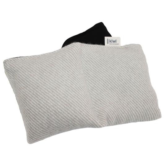 Gray textured pouch with a black interior on a white background