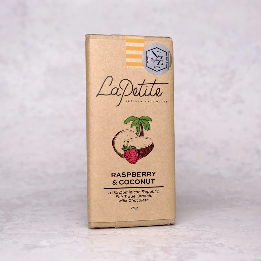 Raspberry & Toasted Coconut Milk Chocolate 37% Dominican Republic  75g | La Petitie Artisan