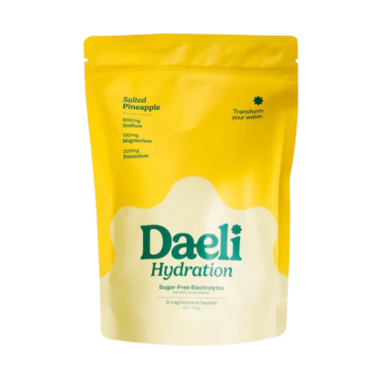 Yellow and white package of Daeli Hydration with salted pineapple flavor on a white background