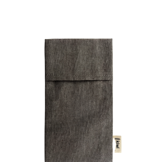 Dark gray fabric pouch with a brand label on a white background
